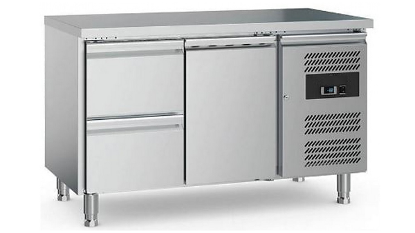Kühltisch mit 1 Tür GN 1/1 & 2 Schubladen, Edelstahl, BxTxH: 1360 x 700 x 850 mm