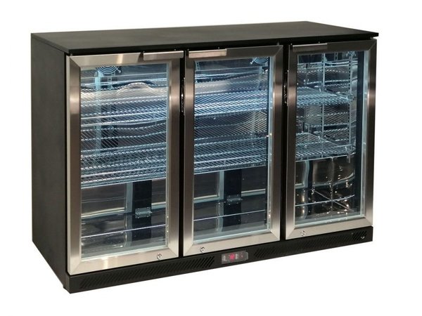 Barkühler, Barkühltisch, Flaschenkühlschrank mit 3 Glastüren, schwarz