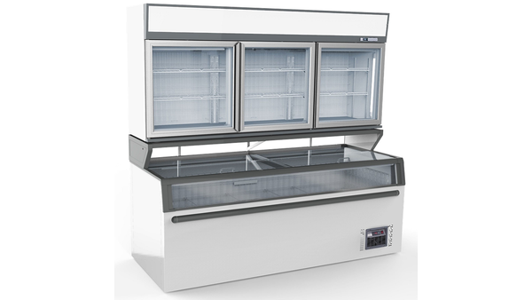 Supermarkt Tiefkühlregal, Tiefkühltruhe Kombination "MANO", 2,10m , Oben und unten Tiefkühlung, weiß